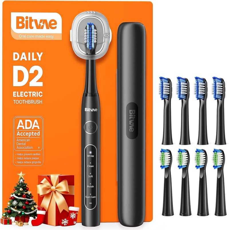 Bitvae ADA Accepted Electric Toothbrush, Travel Toothbrush Rechargeable for Adults and Kids, 60-Day Battery, 5 Modes, 8 Heads, Portable Travel Case & Holder, Shadow Black - Image 1